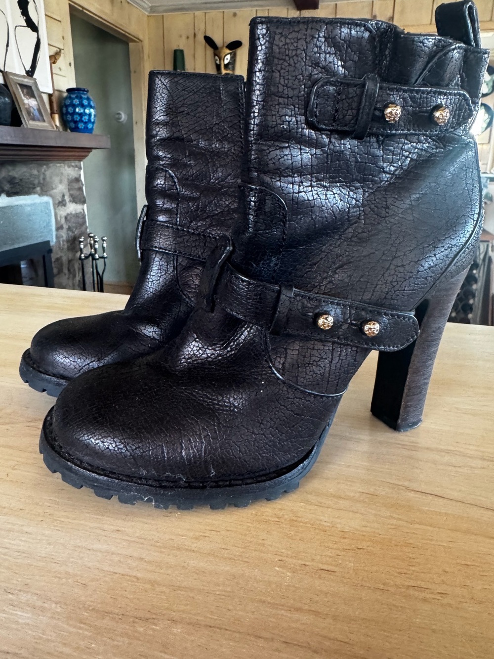 Tory Burch Black Crinkled Leather High-Heel Ankle Booties with Buckle Detail